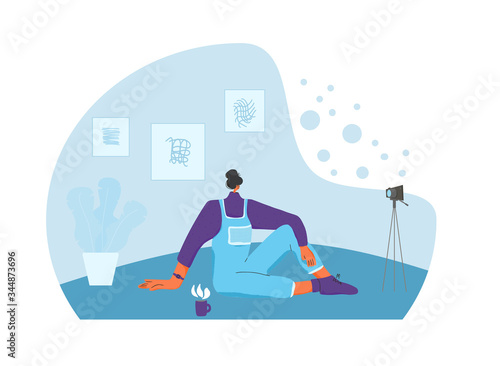 Girl sitting on the floor. Vector flat color