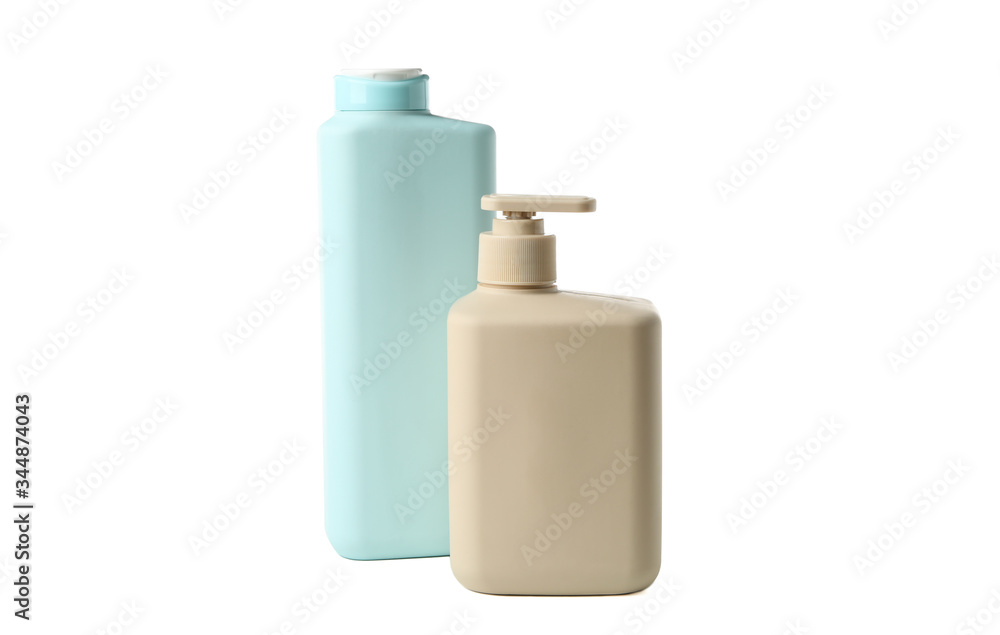 Blank bathroom bottles isolated on white background. Bathroom accessories Blank bathroom bottles isolated on white background. Bathroom accessories