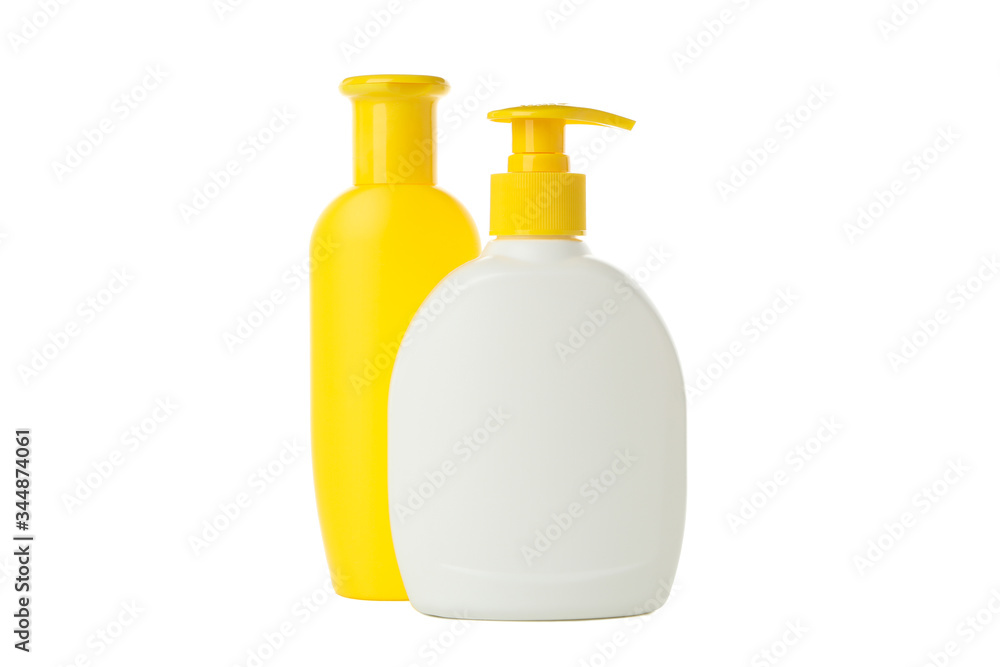 Blank bathroom bottles isolated on white background. Bathroom accessories Blank bathroom bottles isolated on white background. Bathroom accessories