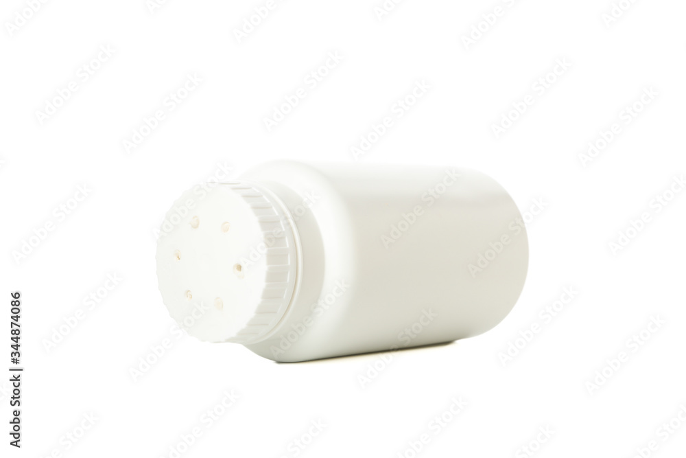Blank bottle of talcum powder isolated on white background Blank bottle of talcum powder isolated on white background
