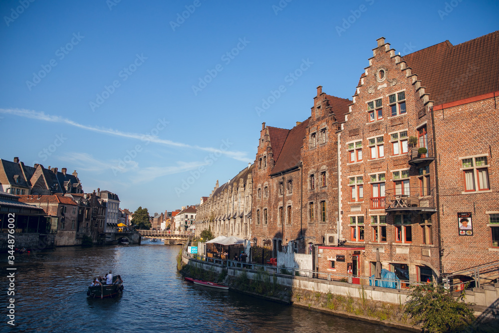 GHENT, BELGIUM - August, 2019: Graslei is a dock in the historic city center of Ghent, Belgium in summer before cornoa crisis.