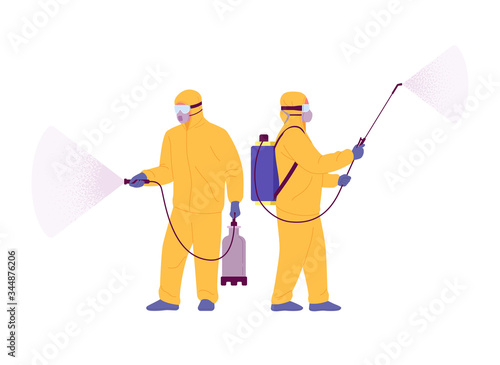 Covid-19 disinfection. Vector illustration of two men in yellow hazmat suits cleaning and disinfecting coronavirus. Isolated on white
