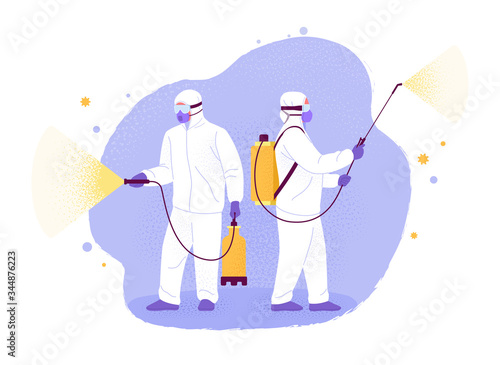 Covid-19 disinfection. Vector illustration of two men in white hazmat suits cleaning and disinfecting coronavirus. Isolated on abstract background
