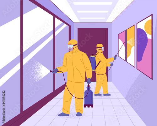 Covid-19 public space disinfection. Vector illustration of two men in hazmat suits cleaning and disinfecting coronavirus indoor. Isolated on background