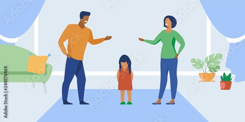 Parents scold and punish the child. A girl stands with her head bowed. Parents sort things out.