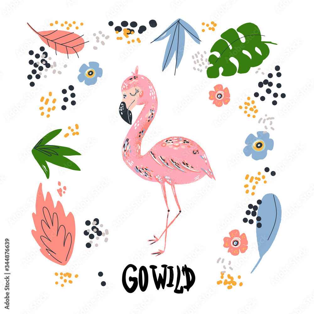 hand drawing pink flamingo with bouquet of tropical leaves and flowers on pastel mood, vector illustration isolated, floral elements hand drawing pink flamingo with bouquet of tropical leaves and flowers on pastel mood, vector illustration isolated, floral elements
