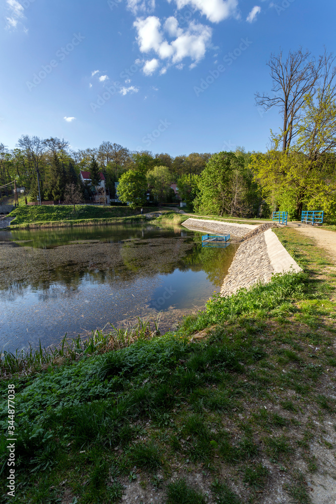 Small lake in Noszvaj, Hungary on a sunny spring day