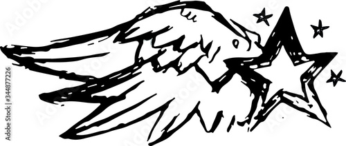 star with black and white wings, hand drawing, tattoo
