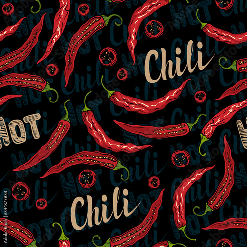 Hot chili pepper seamless pattern. Lettering "Hot chili", dark blue text on the background. For fabric design, wrapping, interior, etc. Vector illustration.