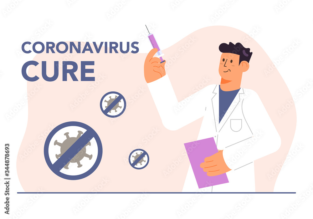 Coronavirus Cure Concept Character Male Scientist Flat Style Vector Design Illustration Coronavirus Cure Concept Character Male Scientist Flat Style Vector Design Illustration