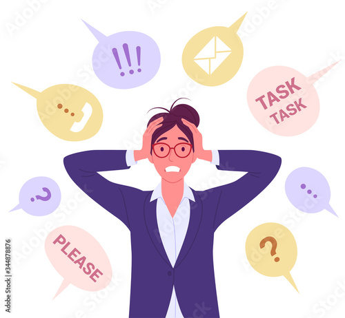 Panic businesswoman concept. Vector illustration of pretty cartoon brunette woman in stress, surrounded by bubbles with stylized requests and tasks. Isolated on white