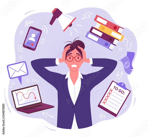Panic businesswoman. Vector illustration of pretty cartoon brunette woman in stress, surrounded by work and stress factors icons. Isolated on background