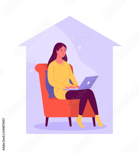 Stay home. Vector illustration of a young pretty woman sitting in a red armchair and working on a laptop. Isolated on white