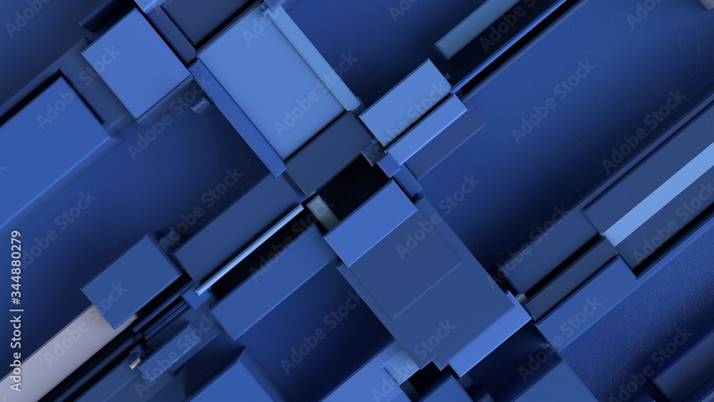 Abstract geometric composition with blue fractures and intersecting cubes on a blue background. 3d render with depth of field.