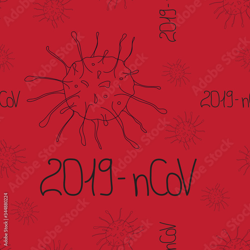 Seamless pattern Coronavirus isolated on dark red background. Line art in doodle. Global epidemic of 2019. Design of coronavirus quarantine, wrapping, textile, backdrop. Vector stock illustration.