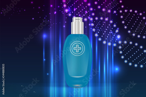 Beauty product ad design, blue cosmetic container with collagen solution advertising background ready to use, luxury skin care banner, illustration vector.