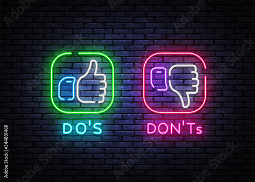 Dos Donts neon signs vector design template. Yes or No neon light banner design element colorful modern design trend, night bright advertising, bright sign. Vector illustration