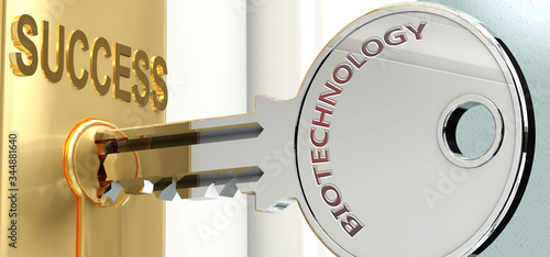 Biotechnology and success - pictured as word Biotechnology on a key, to symbolize that Biotechnology helps achieving success and prosperity in life and business, 3d illustration