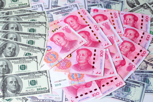 Varites dollar money,The USA banknote ,and Yuan Banknote ,Chinese banknote  lay spread double.