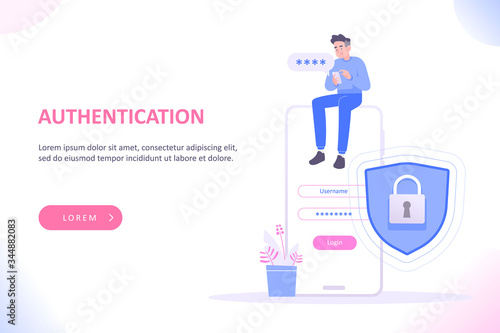 Login page or authentication concept. Young man sitting on huge smartphone and writing password to log in, security shield and lock near him, vector illustration