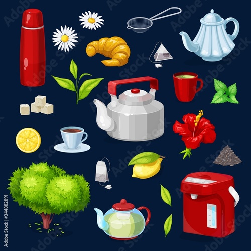 Tea objects isolated vector vacuum flask, chamomile flower and spoon, croissant, green tea plant and mint leaf, sugar, cane cubes, teapot and cup. Lemon, bush, potter and hibiscus blossom icons set