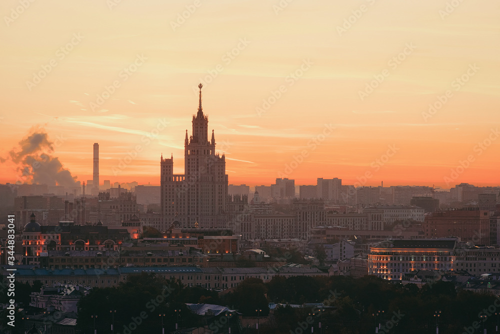 Sunrise at Kotelnicheskaya Embankment Building in Moscow city