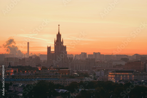 Sunrise at Kotelnicheskaya Embankment Building in Moscow city
