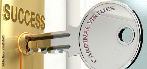 Cardinal virtues and success - pictured as word Cardinal virtues on a key, to symbolize that Cardinal virtues helps achieving success and prosperity in life and business, 3d illustration photo