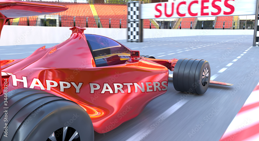 Happy partners and success - pictured as word Happy partners and a f1 car, to symbolize that Happy partners can help achieving success and prosperity in life and business, 3d illustration