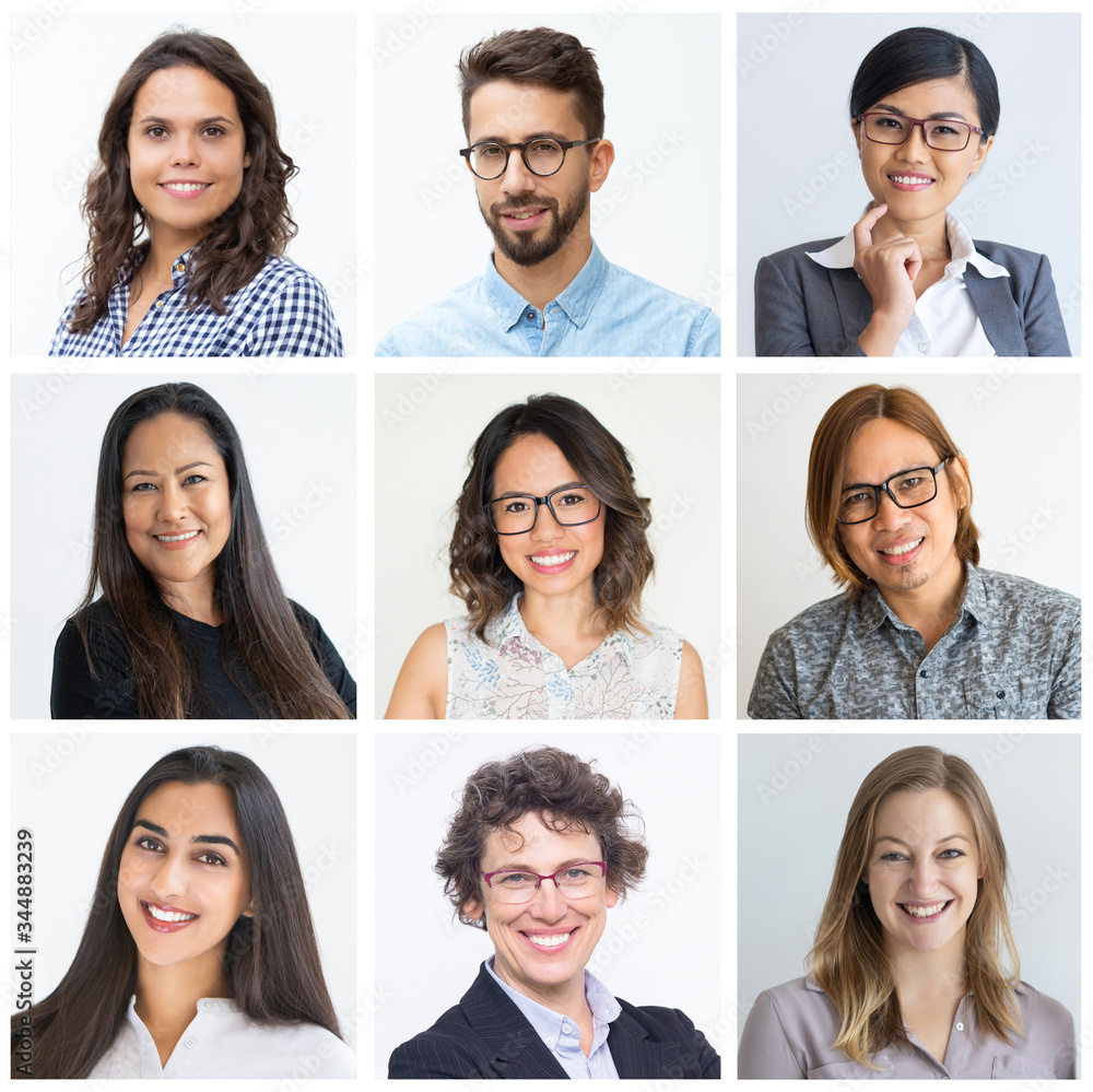 Fototapeta premium Happy successful multiracial professionals isolated portrait set. Cheerful men and women of different races and ages multiple shot collage. Business people concept