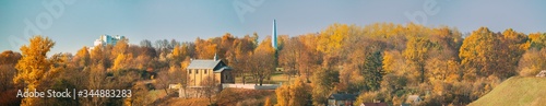 Grodno, Belarus. Kalozha Church In Sunny Autumn Day. Church of Sts. Boris and Gleb. Panorama, Panoramic View