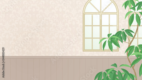 アーチ窓のある壁の風景イラスト_16:9_ベージュ