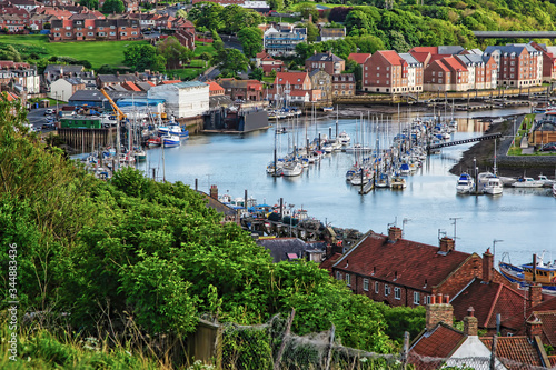 Ships in Whitby coastal line in North Yorkshire in England