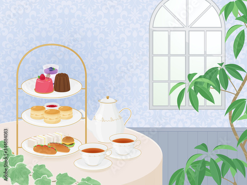 アフタヌーンティーの背景イラスト_青