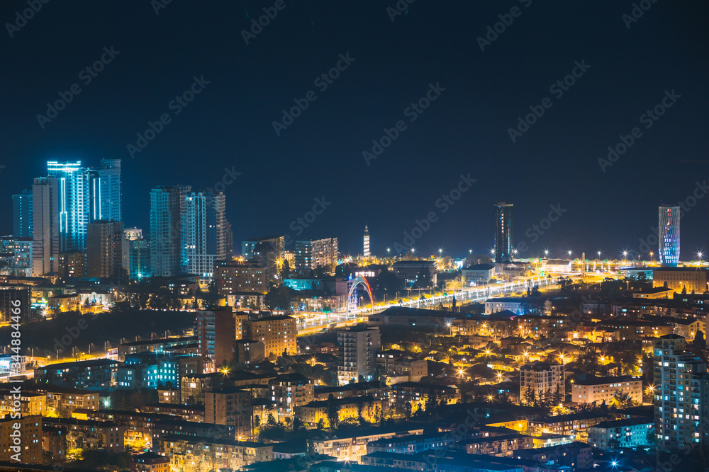 Batumi, Adjara, Georgia. Aerial View Of Urban Cityscape Skyline At Night