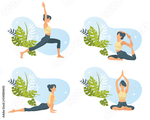 Set of slim sportive young woman practicing yoga, fitness, sport exercises. Healthy lifestyle. Collection of female cartoon character demonstrating various yoga poses. Isolated background. Vector
