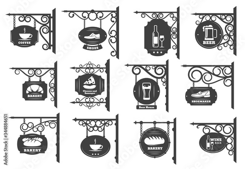 Vintage street signboards vector design. Iron shop sign boards hanging on wrought metal brackets and chains with antique forged ornaments, restaurant, store and cafe, pub or bar and bakery signages
