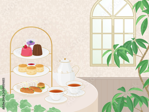 アフタヌーンティーの背景イラスト_ベージュ