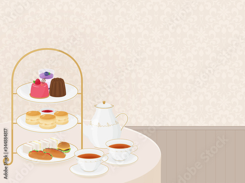 アフタヌーンティーの背景イラスト_ベージュ