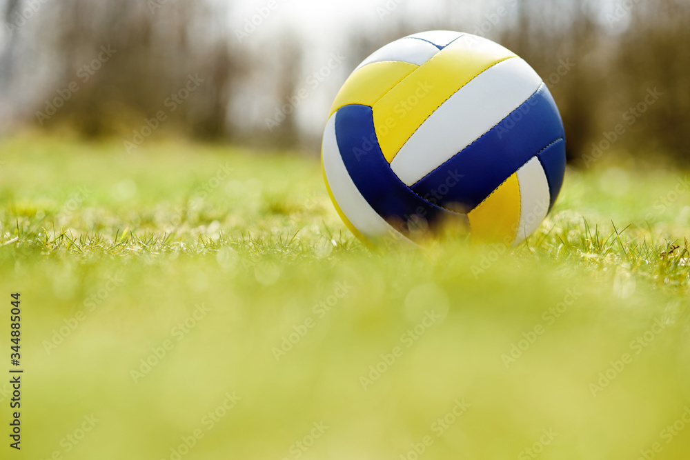 volleyball ball standing on the grass. Volleyball ball on greenery field in park volleyball ball standing on the grass. Volleyball ball on greenery field in park