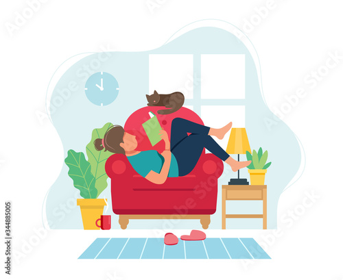 Stay home concept. Woman on chair reading a book in cozy modern interior. Vector illustration in flat style