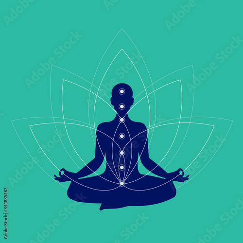 man Meditation or doing yoga in the Lotus position on Lotus flower background. Lotus position simple pictogram. Yoga pose logo illustration. meditating silhouette with chakra and lotus on colored back