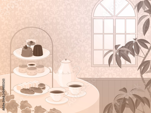 レトロな雰囲気のアフタヌーンティーの背景イラスト