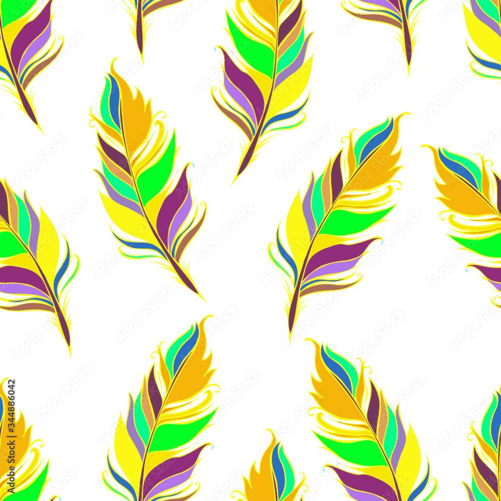 Bright feather print. White background. Summer Seamless pattern. Colorful Vector illustration