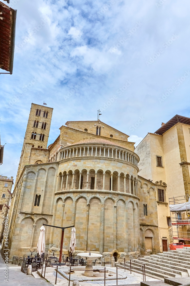 View of the church of Santa Maria della Pieve, on the Piazza Grande in Arezzo, Tuscany, Italy,