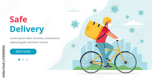 Safe delivery concept, bike delivery service, male courier wearing mask riding bicycle with delivery box. Vector illustration in flat style