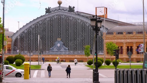 Madrid / Spain-04/19/20 Pedestrians crossing a crosswalk at the Atocha station during confinement in April 2020. Covid 19, coronavirus spain