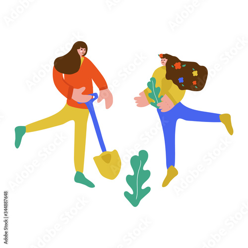 Illustration of a family planting a joint. Freehand drawing illustrating the learning process of plant growing. Family drawing, two sisters spending time together