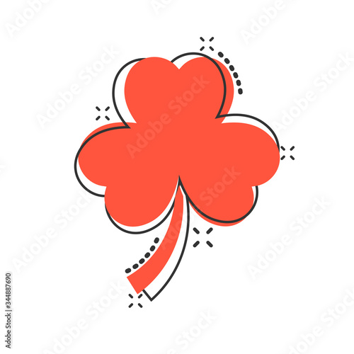 Four leaf clover icon in comic style. St Patricks Day cartoon vector illustration on white isolated background. Flower shape splash effect business concept.