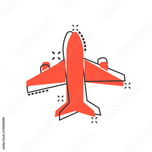 Plane icon in comic style. Airplane cartoon vector illustration on white isolated background. Flight airliner splash effect business concept.